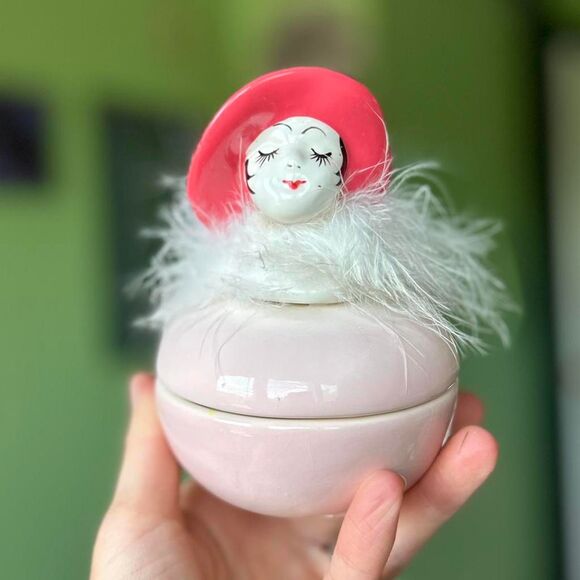 None Other - VTG Victorian Styled Woman Feathered Scarf Dainty Trinket Box